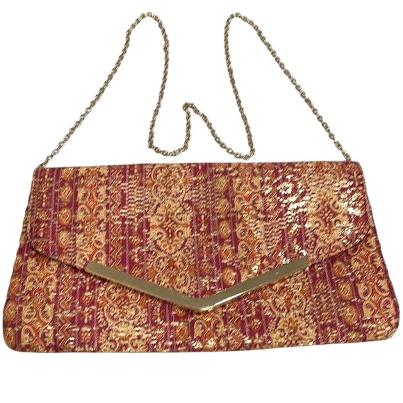 Jessica McClintock Brocade Envelope Bag with Detachable Chain Strap Dk Pink Gold - Picture 1 of 5